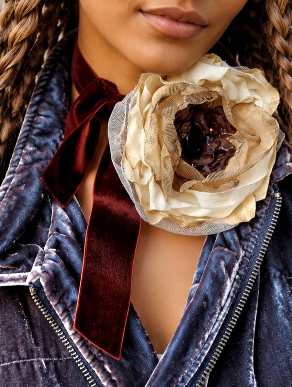 Cottage Jabot Silk Romantic Flower Rose Chocolate Camellia Bowtie Antique Lace